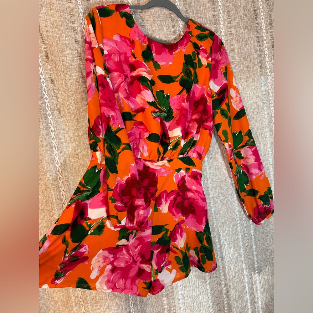 Lulu’s Sweetest Song Orange and Pink Floral Print Backless Long Sleeve Romper. - Picture 3 of 10